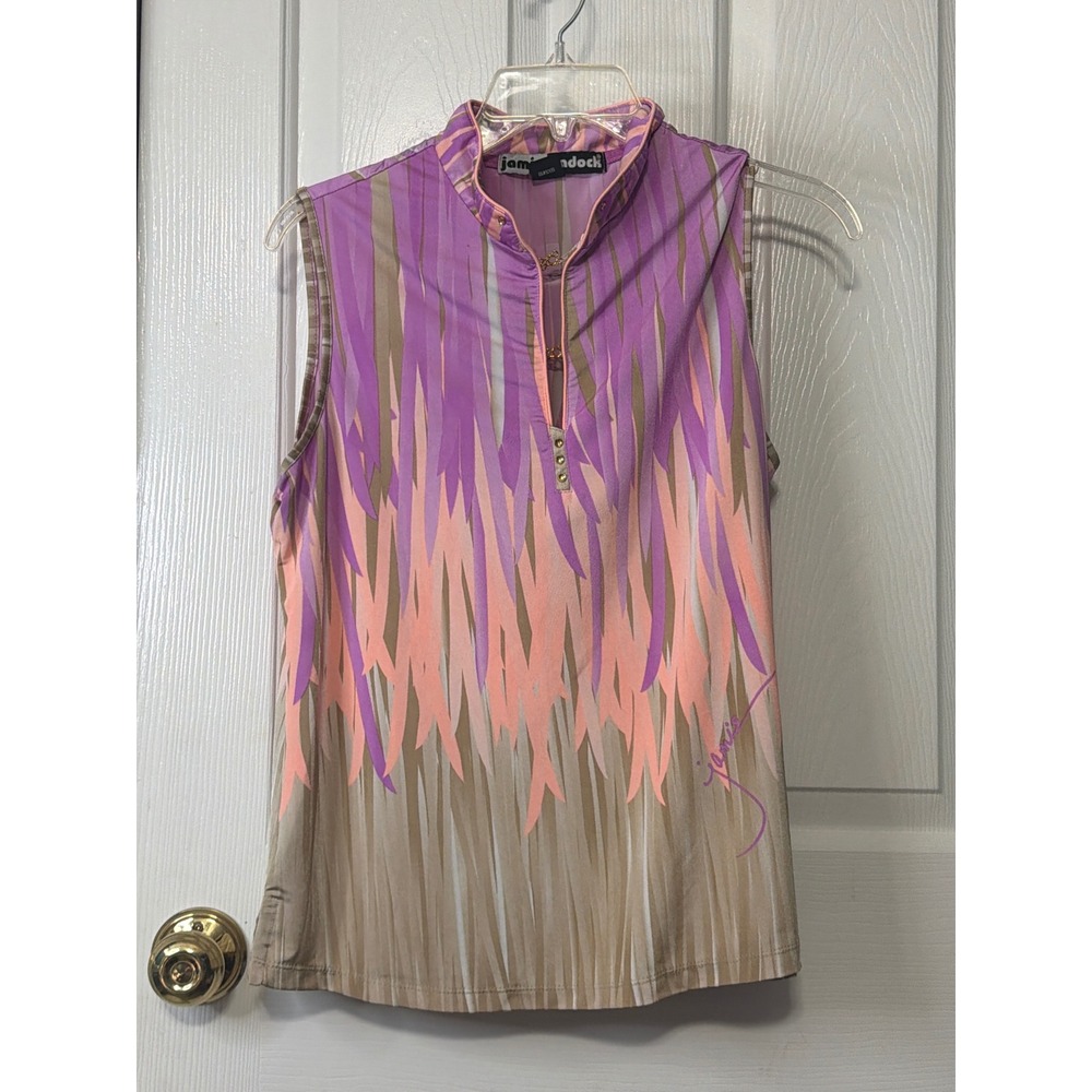 Jamie Sadock Womens Sleeveless Golf Top Purple Coral Abstract Print Mock Neck L